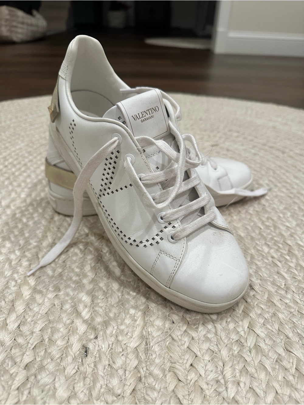 Valentino Garavani White Leather Sneakers with Gold Heel Accent